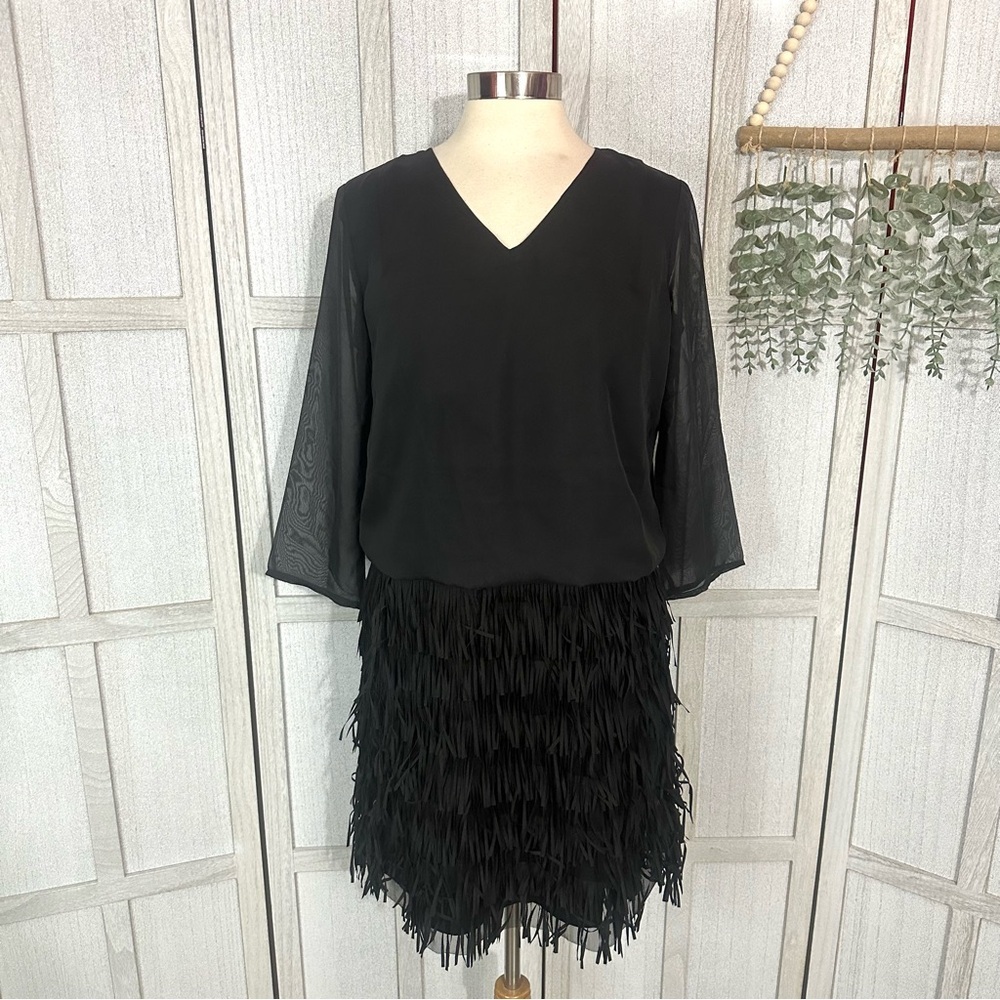 Rancho Estancia Dress Black Cowgirl Fringed  Boho Mesh Long Sleeve Size Medium